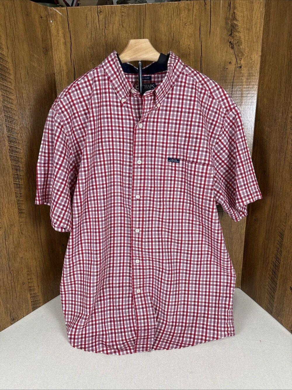 Chaps Ralph Lauren Mens XL Red White Plaid Button Up Shirt Short Sleeve